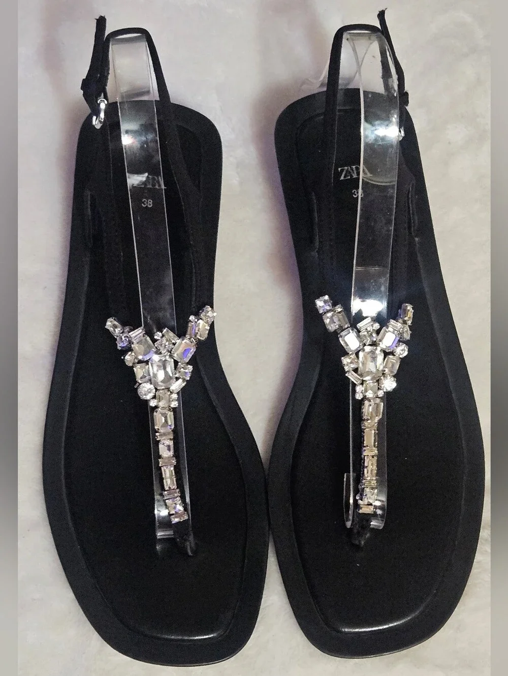 Zara Black Embellished T-Strap Size 38 / 8 Sandals EUC